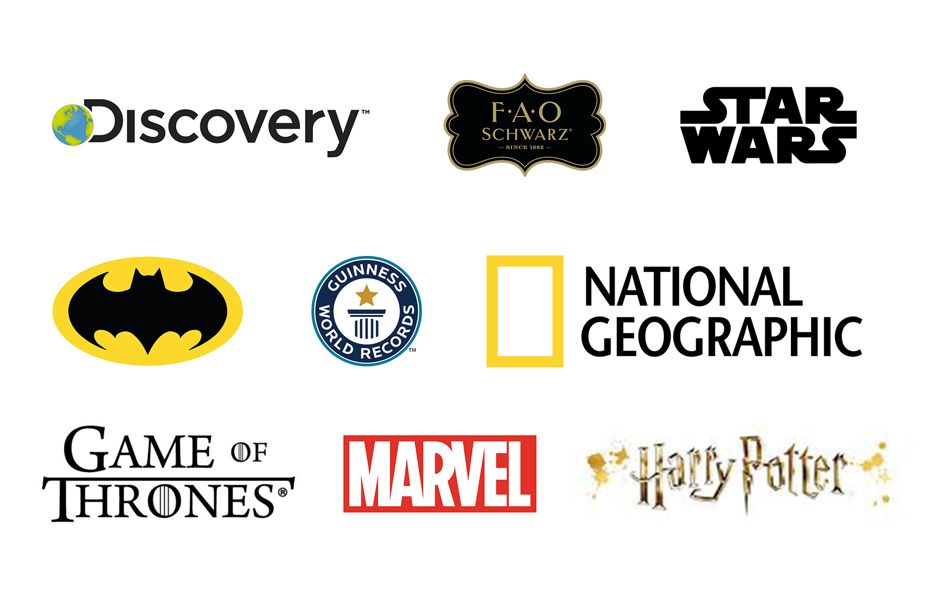Logotipos de licencias: Discovery, FAO, Star Wars, Batman, Guinness World Records, National Geographic, Game of Thrones, Marvel, Harry Potter