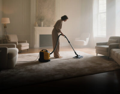 Mujer aspirando alfombra. Imagen generada por IA.